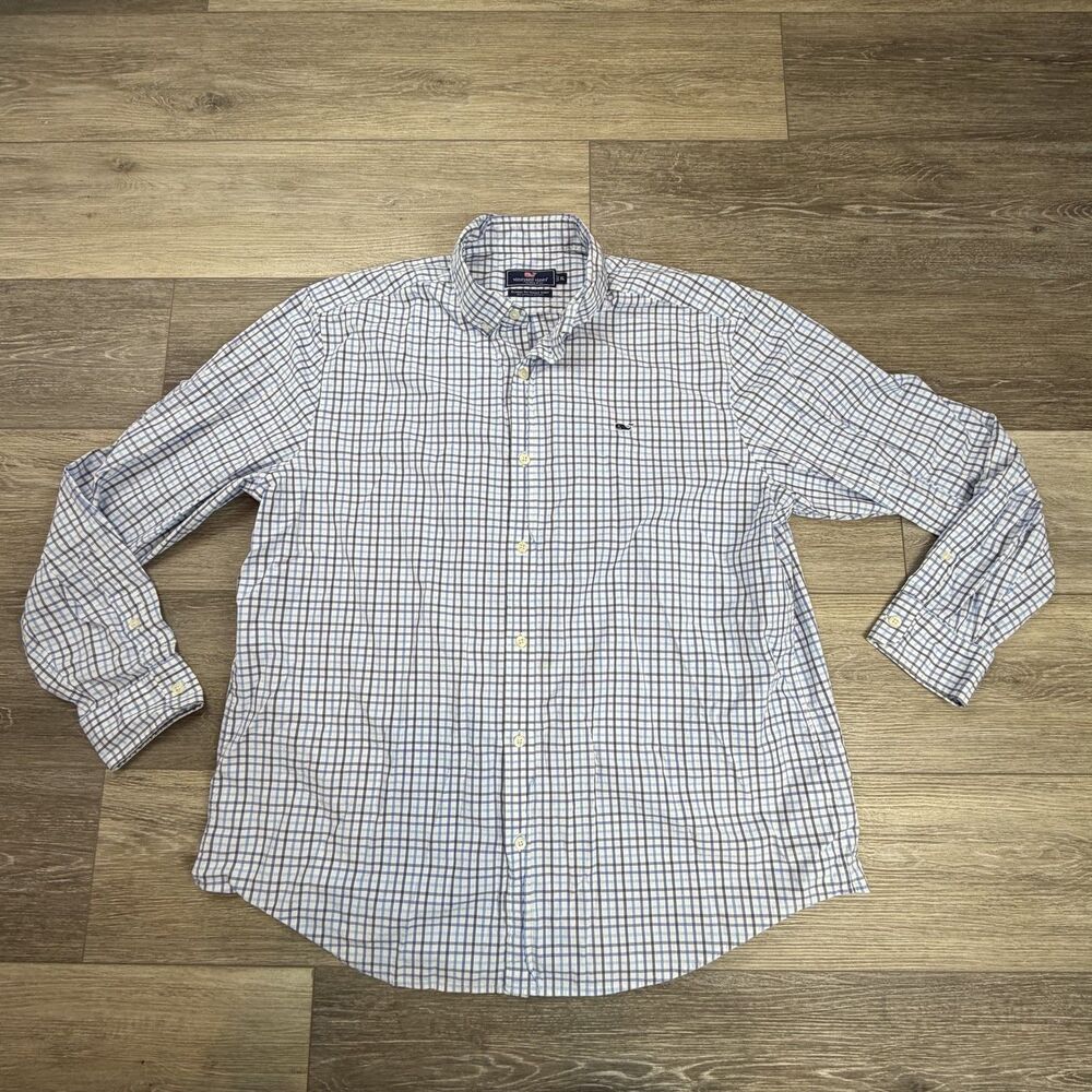 Vineyard Vines Shirt Mens XL Blue Check Classic Fit Whale Button Up Long Sleeve
